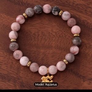 Aquarius Pink Stone Zodiac Bracelet with Gold Charm